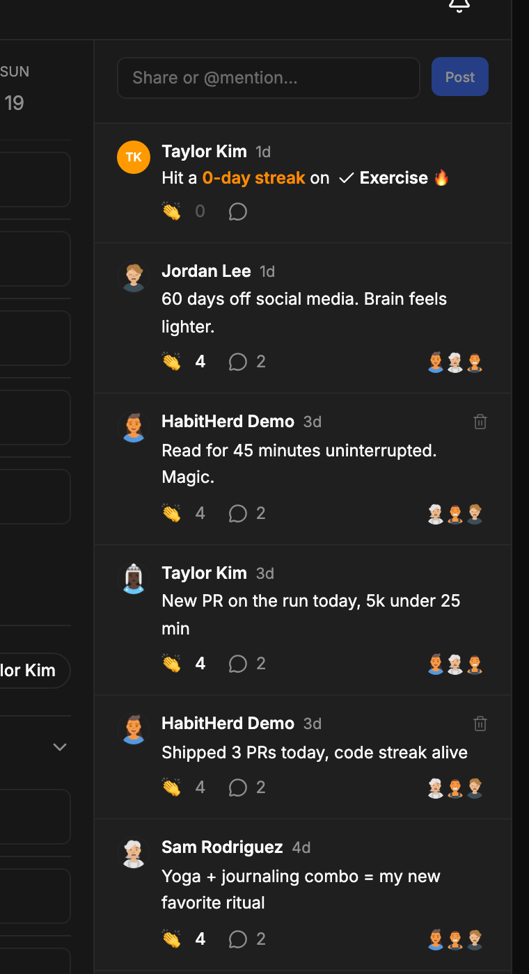 HabitHerd social feed showing posts, claps, and encouragements